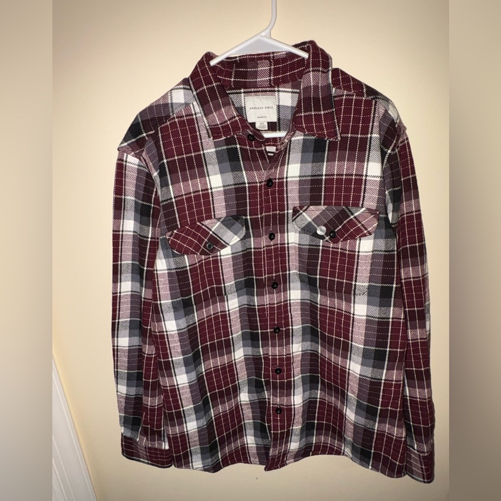 American Eagle Outfitters Men's Burgundy and Black Plaid Shirt